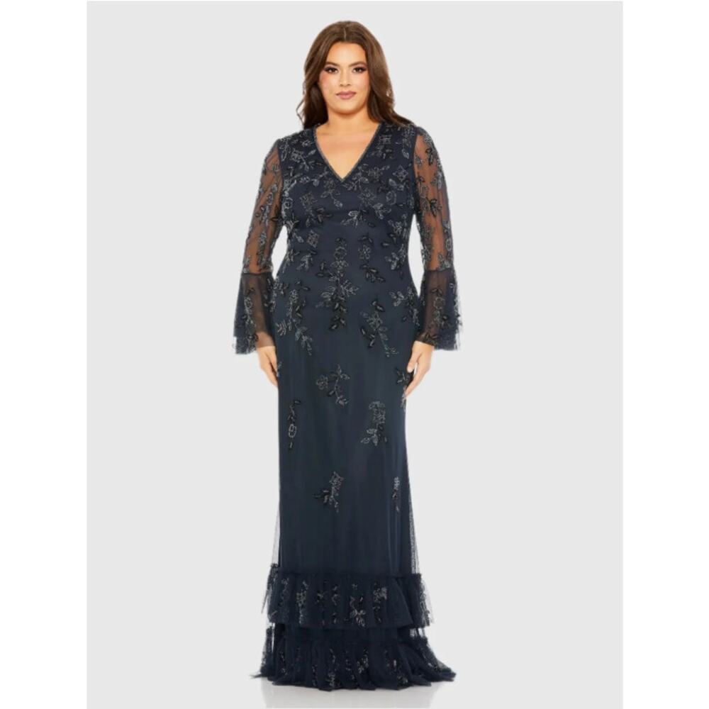 Mac Duggal 9239 Navy Blue Long Bell Sleeve Embellished Ruffle Hem Gown 18W